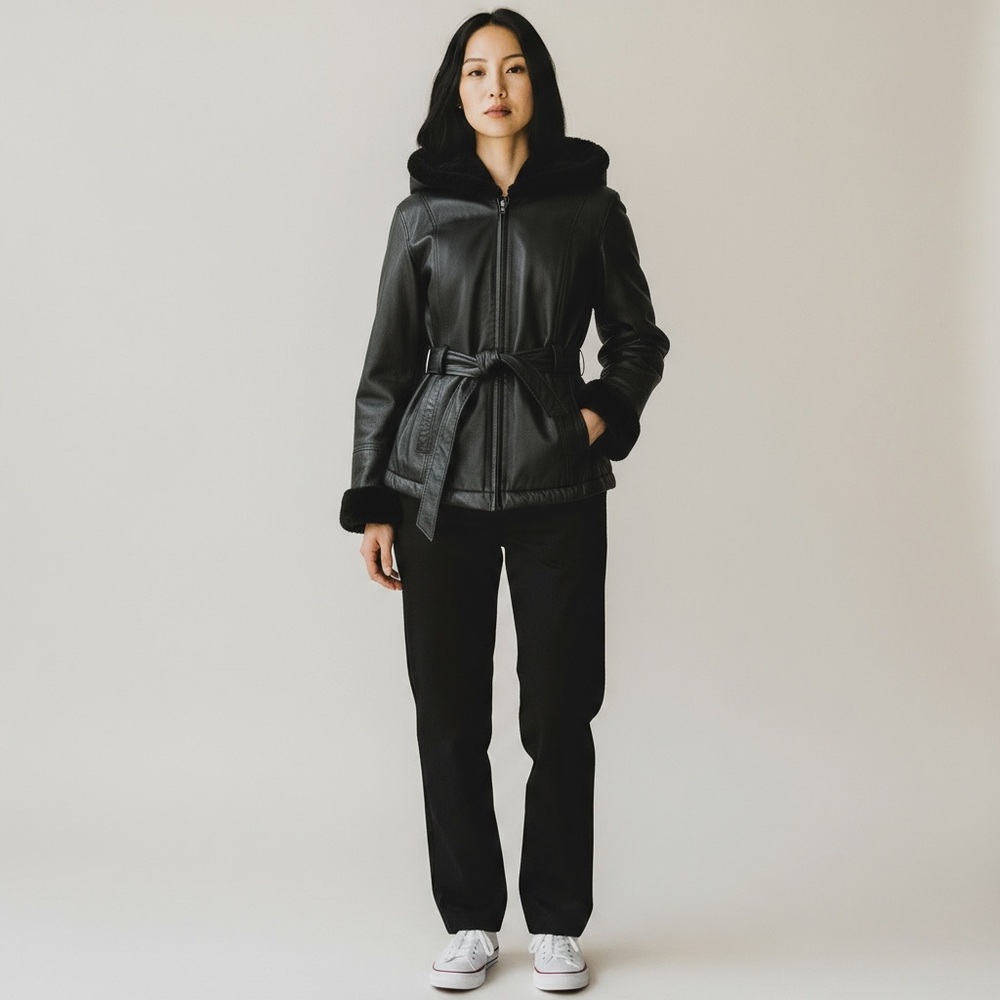 100% Genuine Leather Coat with Faux Fur Interior Women's Black Hooded Jacket - Picture 8 of 8
